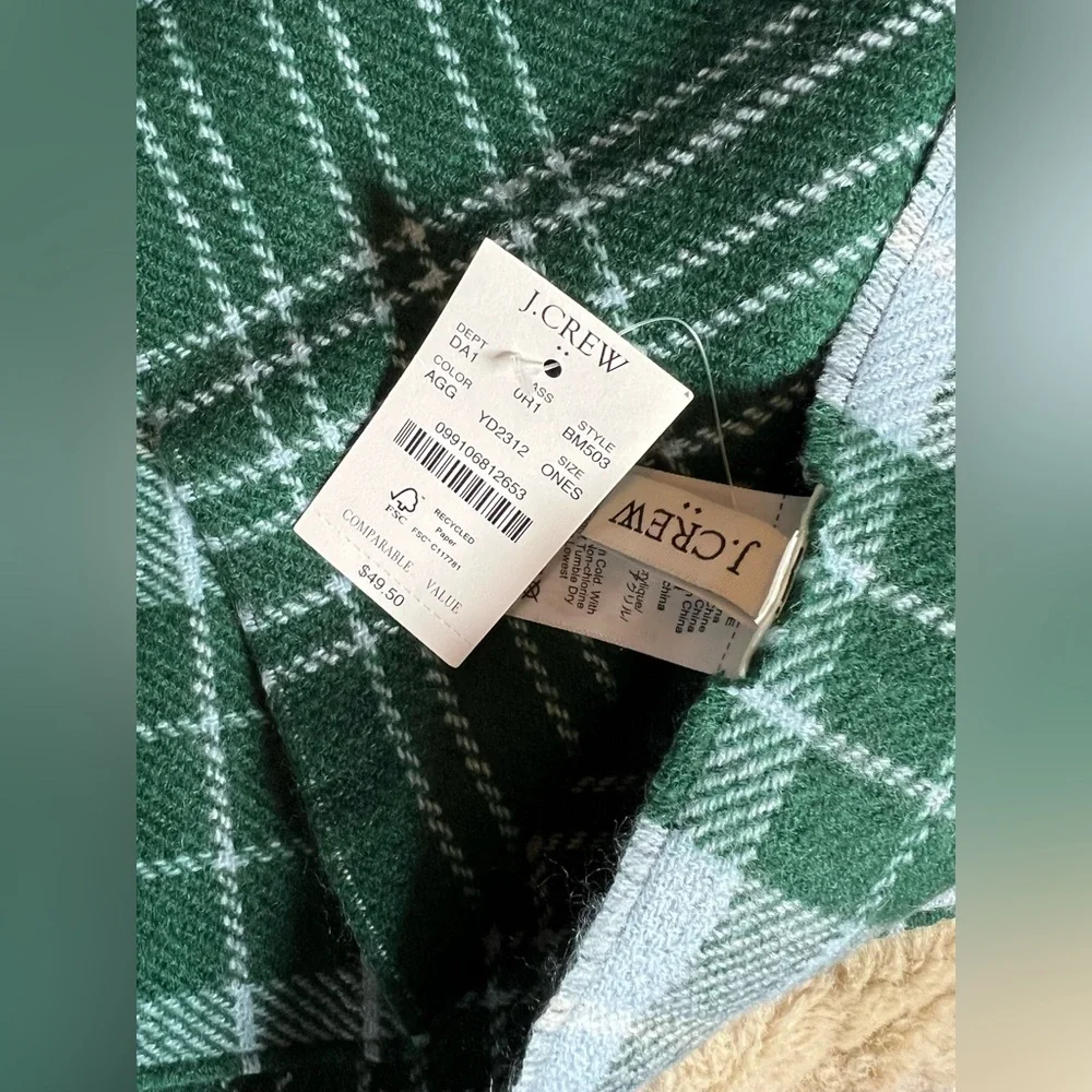 NWT J.Crew Plaid Green Blue and White Blanket Scarf